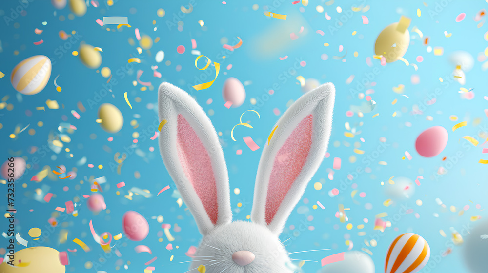 Bunny Ears with Floating Pastel Easter Eggs and Confetti on Blue Background Bunny Ears with Floating Pastel Easter Eggs and Confetti on Blue Background