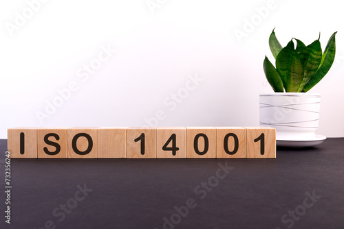 ISO 14001 word concept written on wooden blocks, cubes on a dark table with a flower and a light background