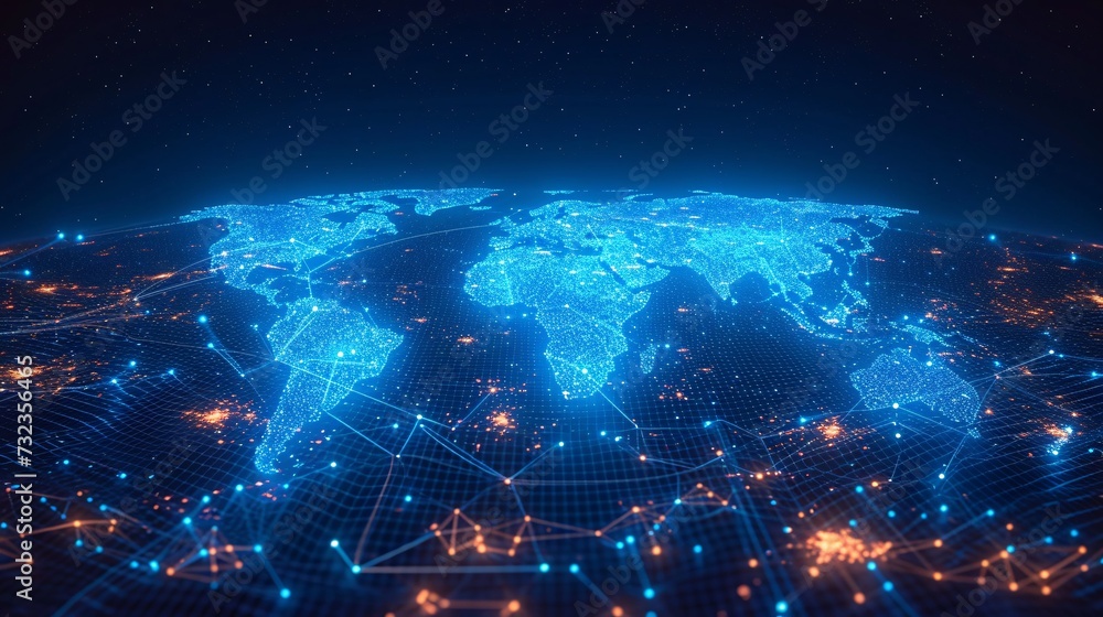 The interconnectedness of a worldwide network shown through a world map with dots and lines, representing the idea of international commerce. - obrazy, fototapety, plakaty 