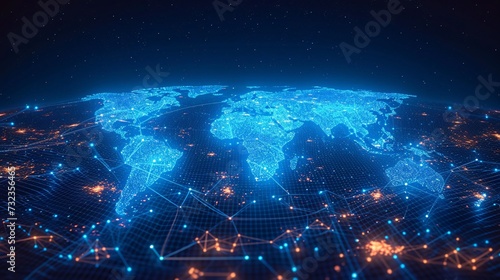 The interconnectedness of a worldwide network shown through a world map with dots and lines, representing the idea of international commerce. photo