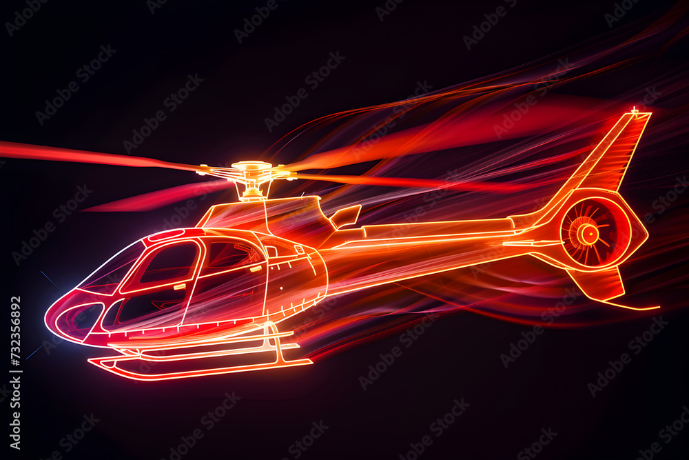 Vibrant neon wireframe helicopter with dynamic light trails isotated on black background. Created with generative AI.