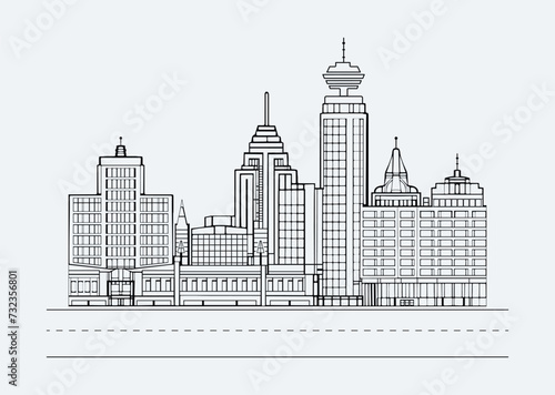 Vector Cityscape Line Drawing and Architecture Outline Illustration.
