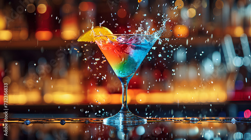 Colorful cocktail splashes in a martini glass on the bar counter