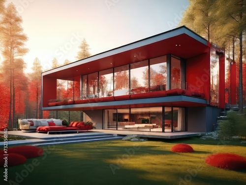Modern minimalist red house from outside, Beautiful red modern house.