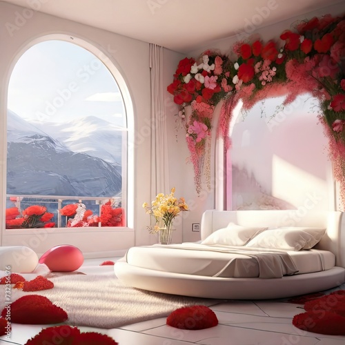 White interior design room house, with all stuff are white and red flower,bed decoration.