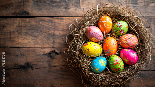 Colorful Easter eggs nestled in a natural straw nest