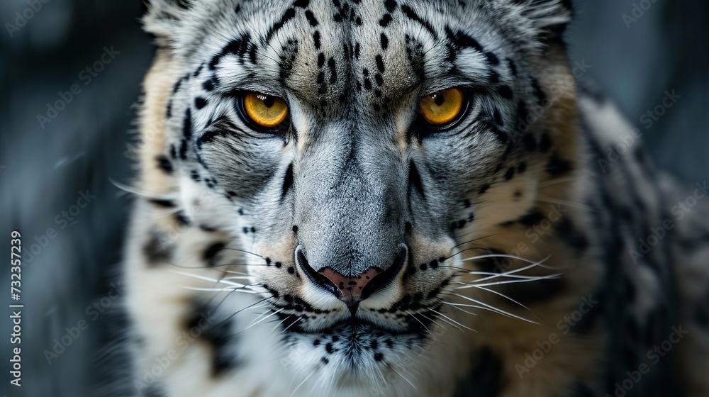 Close-Up View of a Majestic Snow Leopard with Intense Yellow Eyes Close-Up View of a Majestic Snow Leopard with Intense Yellow Eyes