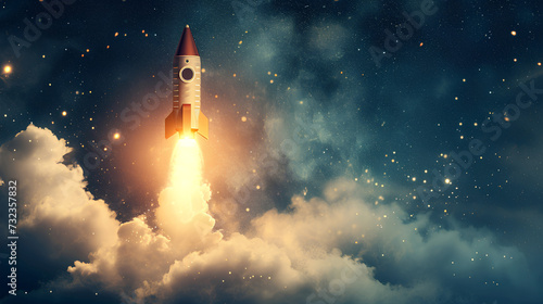 A rocket with a blast and clouds of smoke successfully takes off into the starry sky. Creative idea  photo