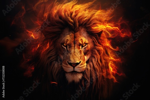 cinematic portrait of a lion with flames surrounding its face. 