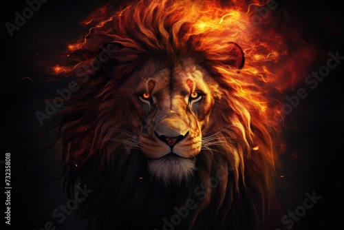 cinematic portrait of a lion with flames surrounding its face. 