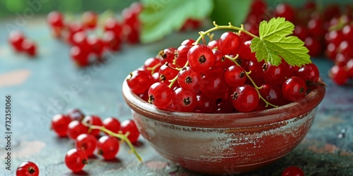 Vibrant red currants captured in a circular dish, high-resolution image. photo