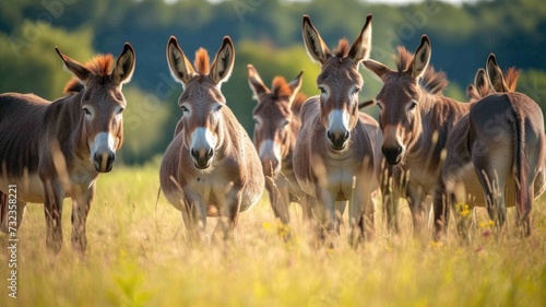 Herd of Donkeys Grazing in a Sunlit Pasture, engaging with each other and showcasing their social behavior