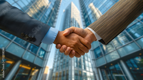 two business people shaking hand after business job interview on office company building background, partnership, negotiation, investor, success, partner, teamwork, financial, connection concept