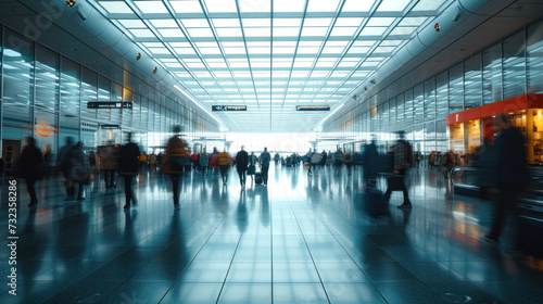 Abstract Background. abstract motion blur image of people crowd walking to travel and transport at airport or train station, transportation concept
