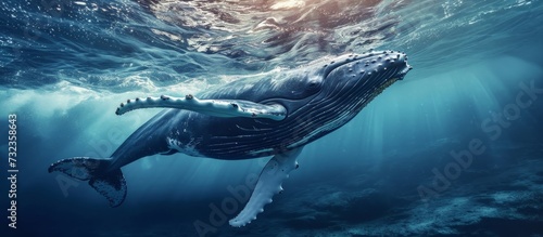 A marine mammal, the humpback whale gracefully swims in the underwater world of the ocean, surrounded by fluid, electric blue water. © AkuAku