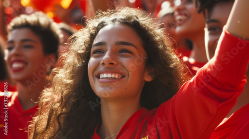 Spanish football soccer fans in a stadium supporting the national team, La Selección, La Furia Roja