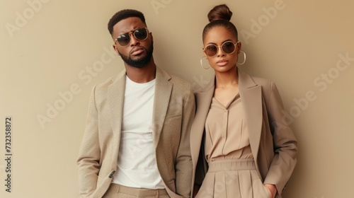 Businessman and Businesswoman wearing brown attire, outdoor shot