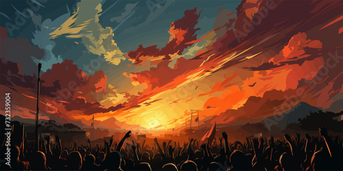 A crowd of people with raised hands and flags. Political revolution. vector flat bright colors