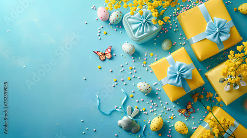 Easter concept, top view photo of yellow gift boxes with blue bows, Easter eggs, mimosa flowers, butterflies, and sprinkles isolated on a pastel blue background photo