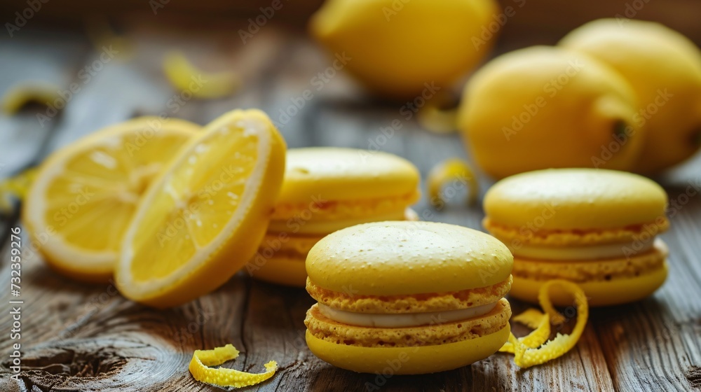 Delicious macarons and lemons on wooden surface in close proximity. Delicious macarons and lemons on wooden surface in close proximity.