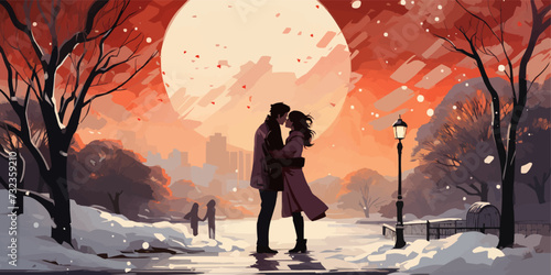 couple in love woman and man kissing outside in winter snow fall romantic cute vector character