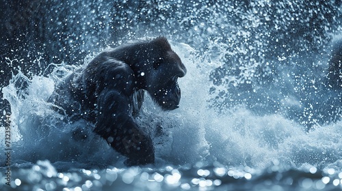 Majestic Gorilla Splashing in Water Amidst Glistening Droplets, Captured in a Dynamic Pose photo