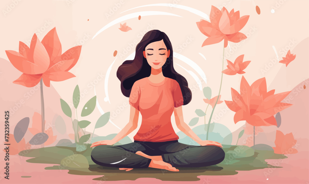 Woman sitting with a flower illustration in the background, good mental selfcare health lifestyle Woman sitting with a flower illustration in the background, good mental selfcare health lifestyle