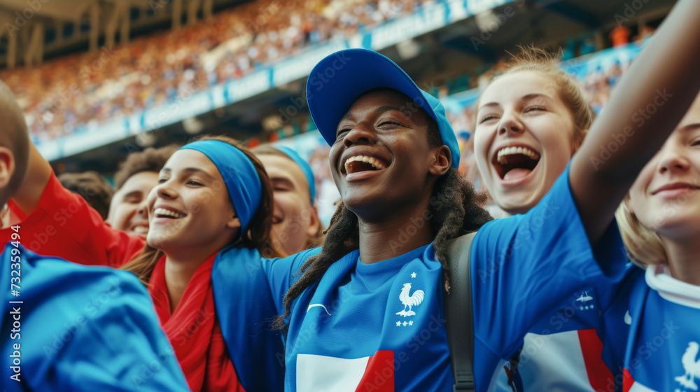 French football soccer fans in a stadium supporting the national team, Equipe tricolore