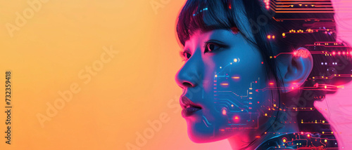 Asian woman face with digital graphics, pink neon light and orange background. concept of technology, androids ,artificial intelligence , course advertising 
 mock-up, space for text.defocus