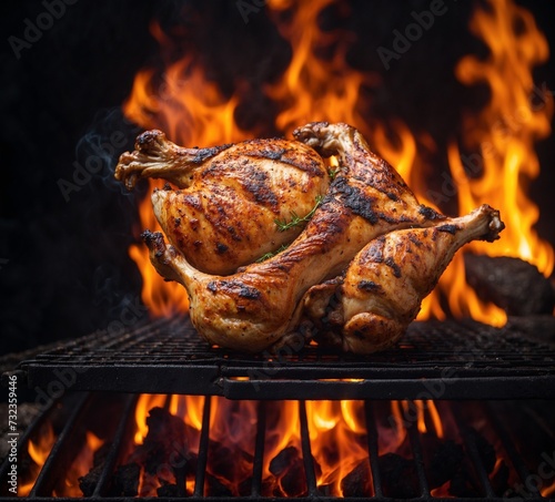 Grilled chicken on a barbecue grill with flames on a dark background