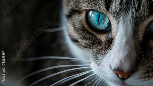 Close-Up Portrait of a Domestic Cat with Striking Blue Eyes and Detailed Fur Texture