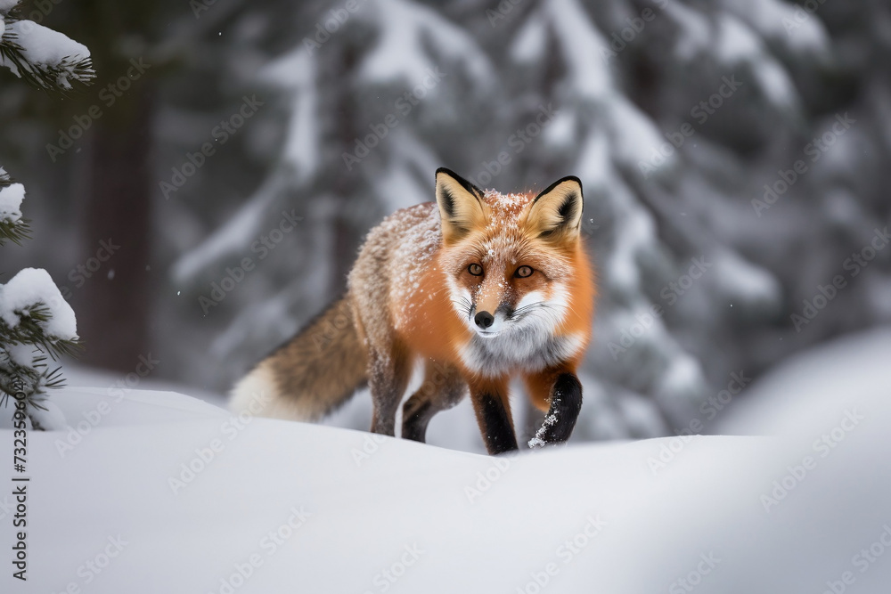 AI generated illustration of A red fox walking in a winter wonderland of snow covered pine trees AI generated illustration of A red fox walking in a winter wonderland of snow covered pine trees