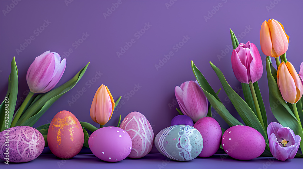 Easter eggs and tulips on a purple background Easter eggs and tulips on a purple background