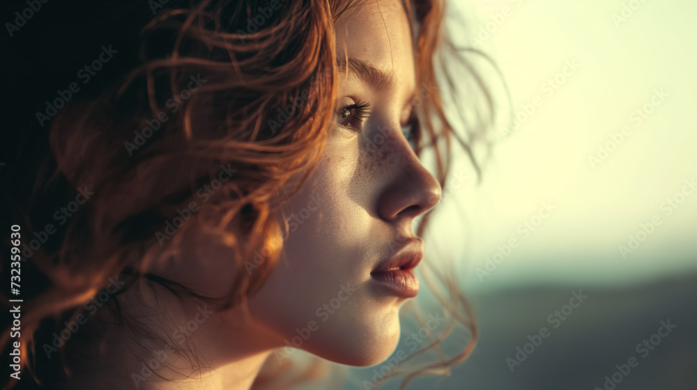 Young woman with freckles looking into distance. Young woman with freckles looking into distance.