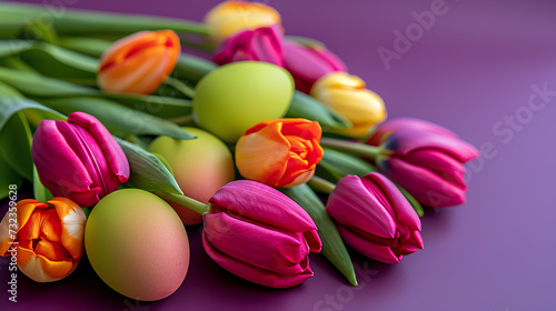 Easter eggs and tulips on a purple background