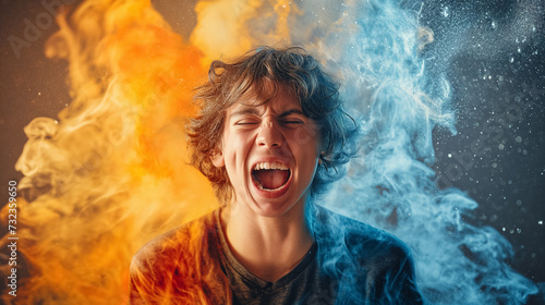 Boy laughing amidst colorful smoke explosion.
