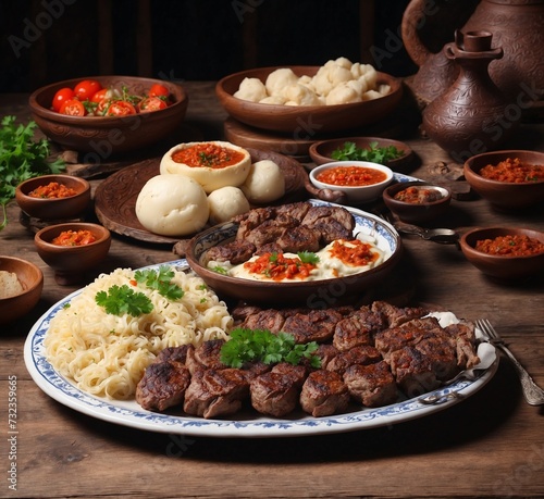 Traditional Uzbek and Russian cuisine. Tatar national dishes.