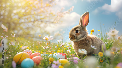  Easter greeting card with a realistic fluffy Easter bunny surrounded by a rainbow of Easter eggs