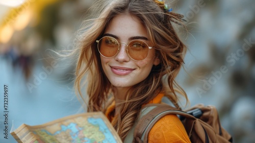 Fototapeta Naklejka Na Ścianę i Meble -  A female tourist with a map exploring European destinations.
