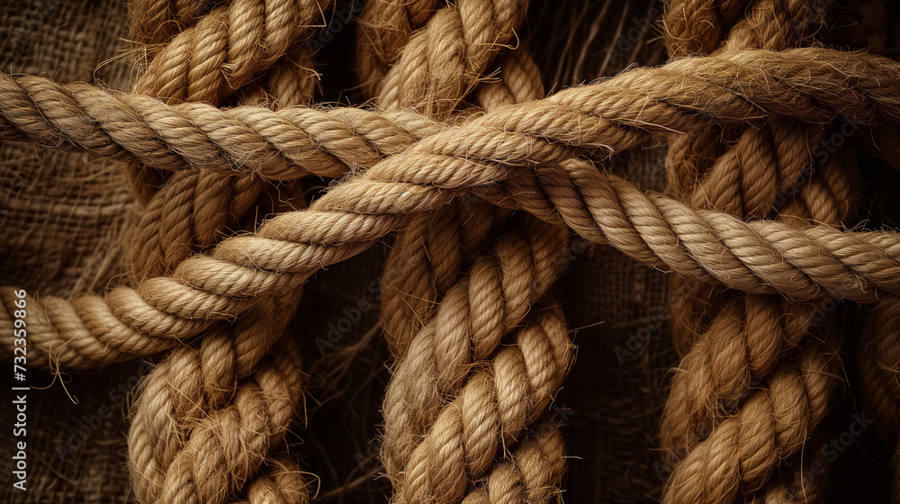 Intricate knots of brown ropes on burlap. Intricate knots of brown ropes on burlap.