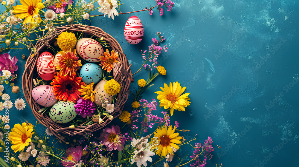 Easter holiday background, flat top view of a table featuring an Easter basket filled with colorful eggs and surrounded by beautiful spring flowers