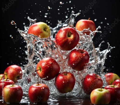 Fresh red apples with water splash on a black background. Shallow dof.
