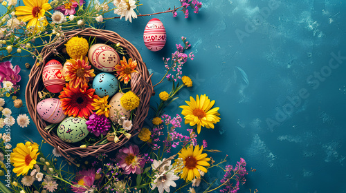 Easter holiday background  flat top view of a table featuring an Easter basket filled with colorful eggs and surrounded by beautiful spring flowers