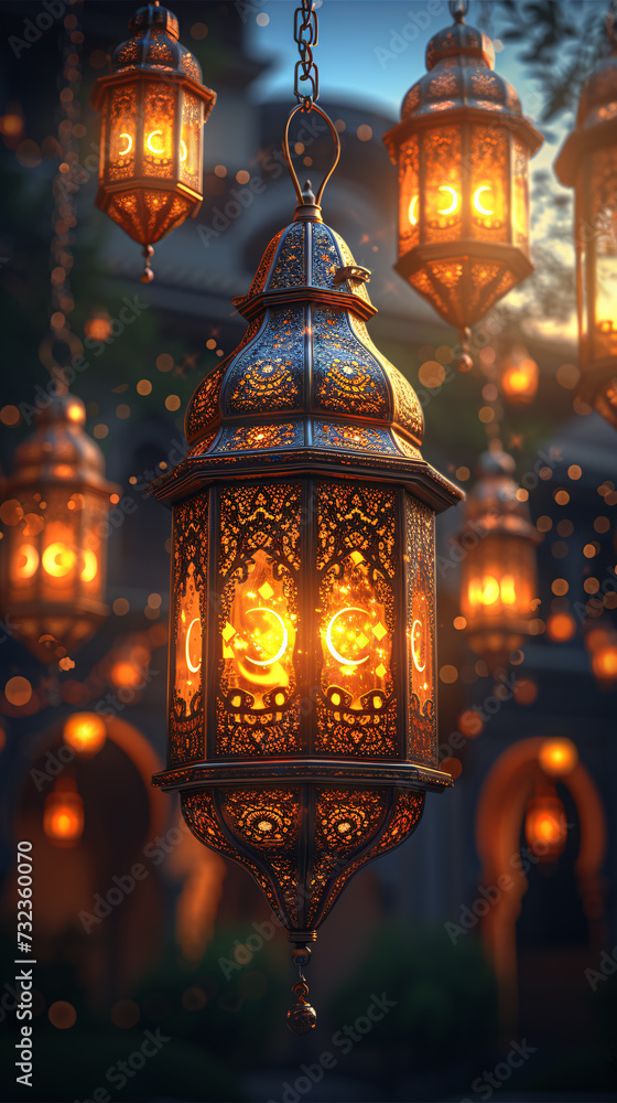 Ramadan Kareem greeting poster design with lantern moon and stars Ramadan Kareem greeting poster design with lantern moon and stars