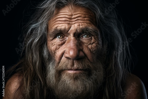 Neanderthal man face. Primitive history old male portrait. Generate Ai