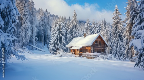 Cozy Winter Cabin in Snowy Woods © selentaori
