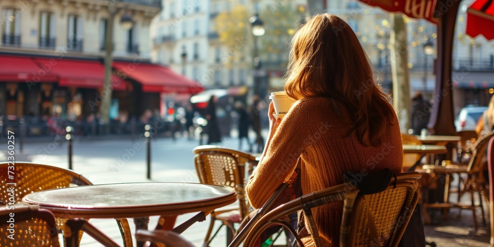 Female savoring coffee at Parisian café. Female savoring coffee at Parisian café.