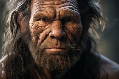 Rugged Neanderthal man face. Primitive history old male portrait. Generate Ai