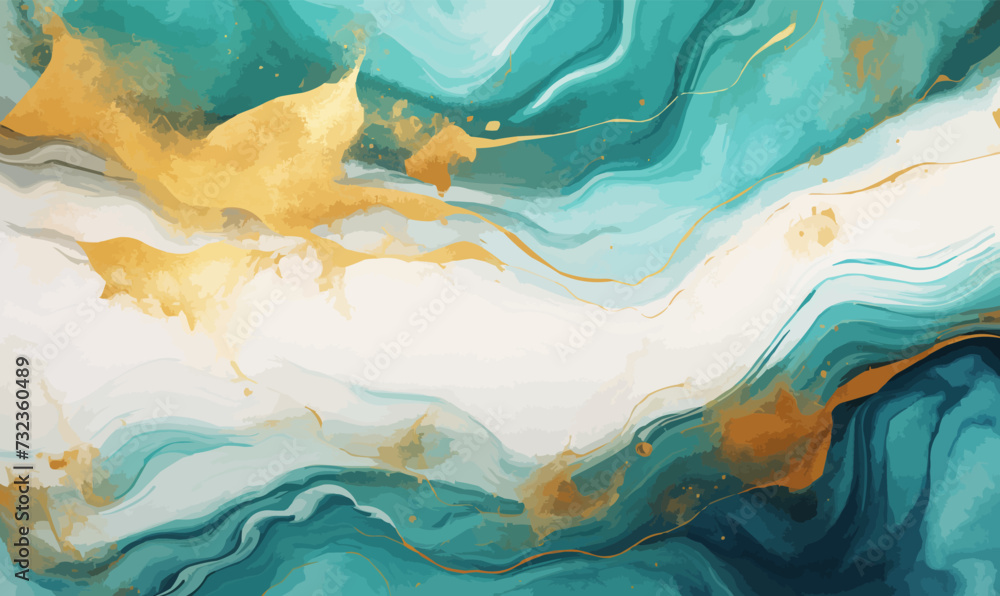liquid paint artwork with fluid formation, paint swirls colorful gold marble teal white seamless illustration - obrazy, fototapety, plakaty 