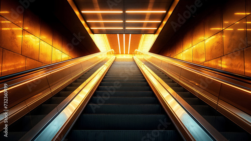 Modern escalator glowing in an orange-lit tunnel.